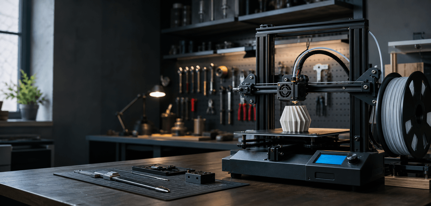 Impressora 3D trabalhando em uma bancada organizada